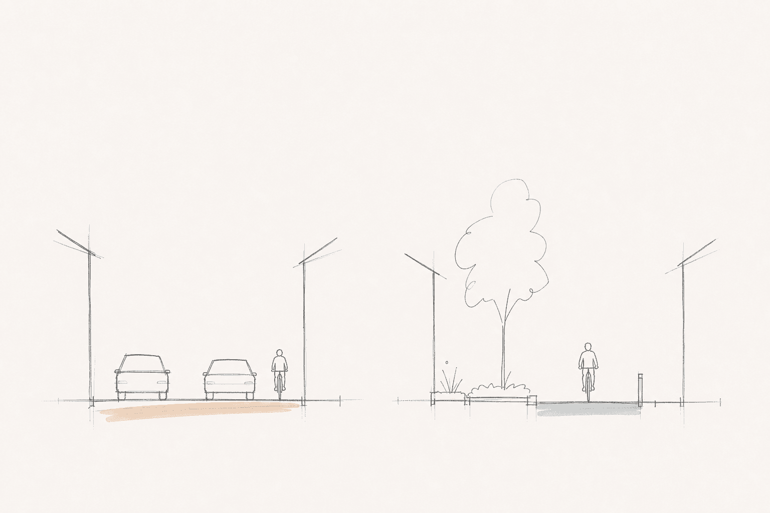 Schematic architectural street section comparing a car-dominated Dutch street in the 1970s with a modern protected cycle track.