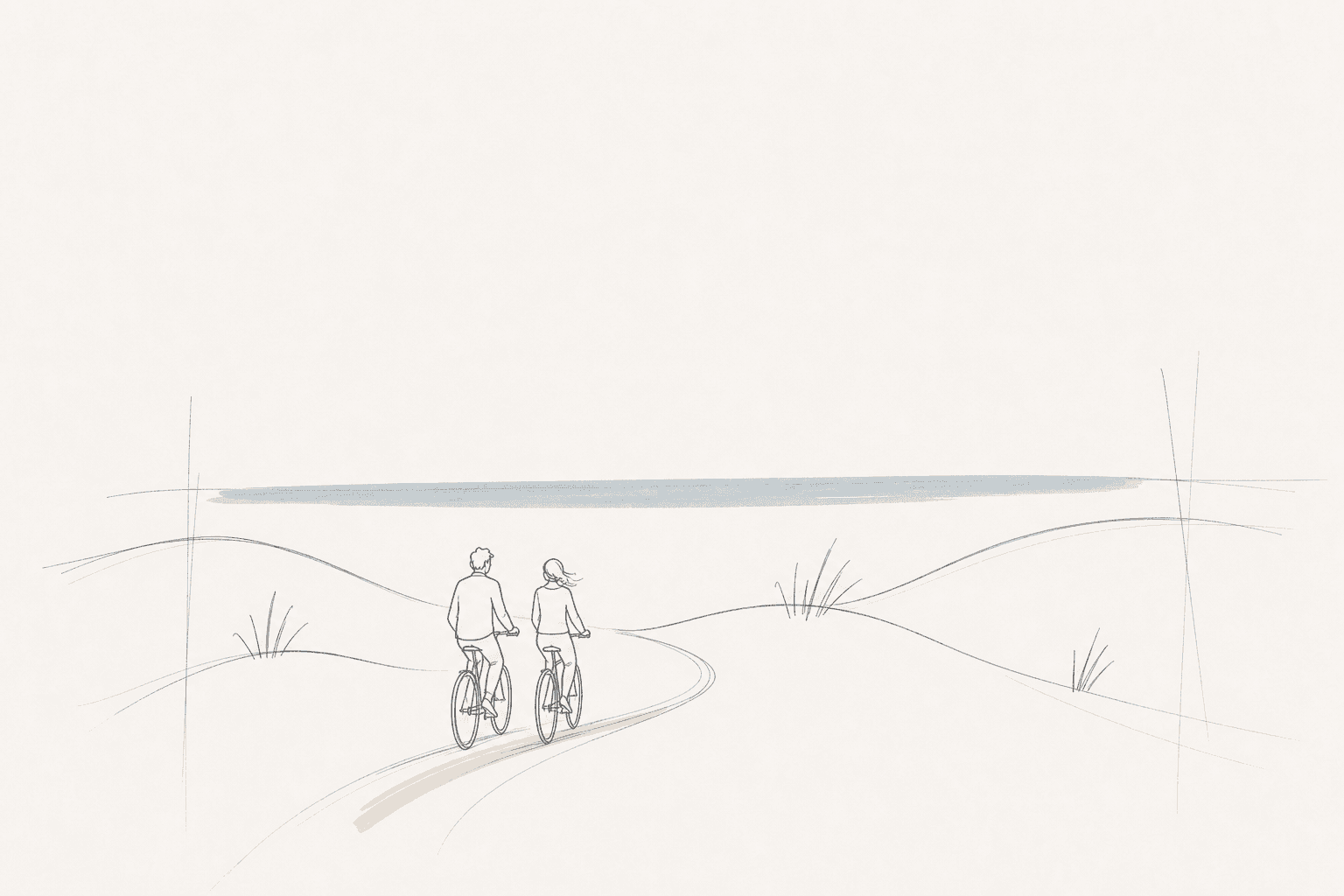 Schematic architectural hand sketch of a couple cycling on a separated path through Noordwijk’s coastal dunes towards the North Sea.