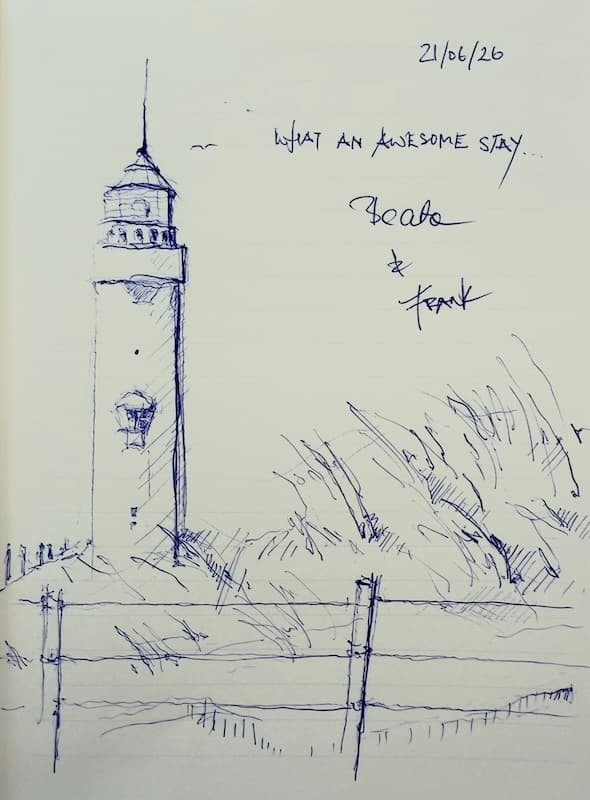 Handwritten guestbook page dated 21 June 2026 with a blue ink drawing of the Noordwijk lighthouse and the message ‘What an awesome stay’.