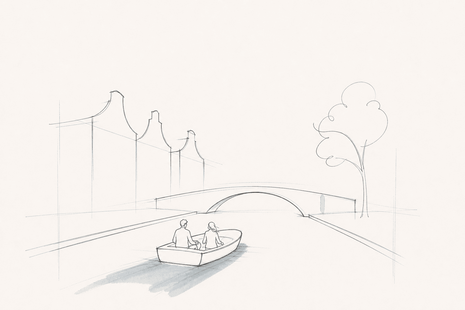 Schematische Architekturskizze eines Paares in einem kleinen Elektroboot vor einer niedrigen Bogenbrücke auf einer Leidener Gracht.