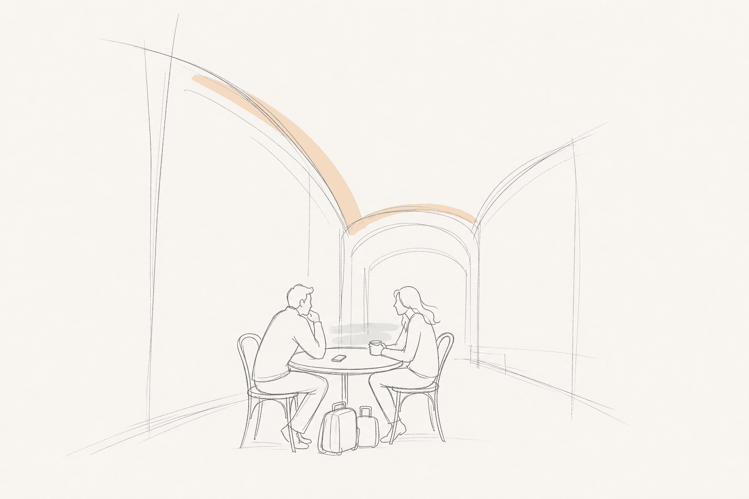 Schematische architectenschets als herinnering aan Eric en Valery aan een cafétafel in een overdekte Parijse passage, met reistassen en telefoon.