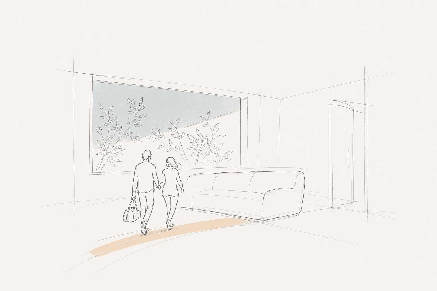 Schematic architectural hand sketch of a couple arriving in the Romantic Wellness B&B living room, with the private garden beyond.