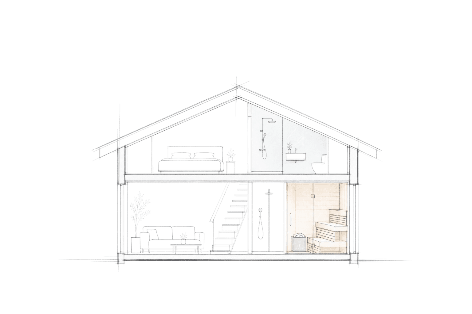 Minimalistische architectonische doorsnedetekening van het summer house met twee verdiepingen van Romantic Wellness B&B, met woonkamer en privé Finse sauna beneden en slaapkamer en badkamer boven.
