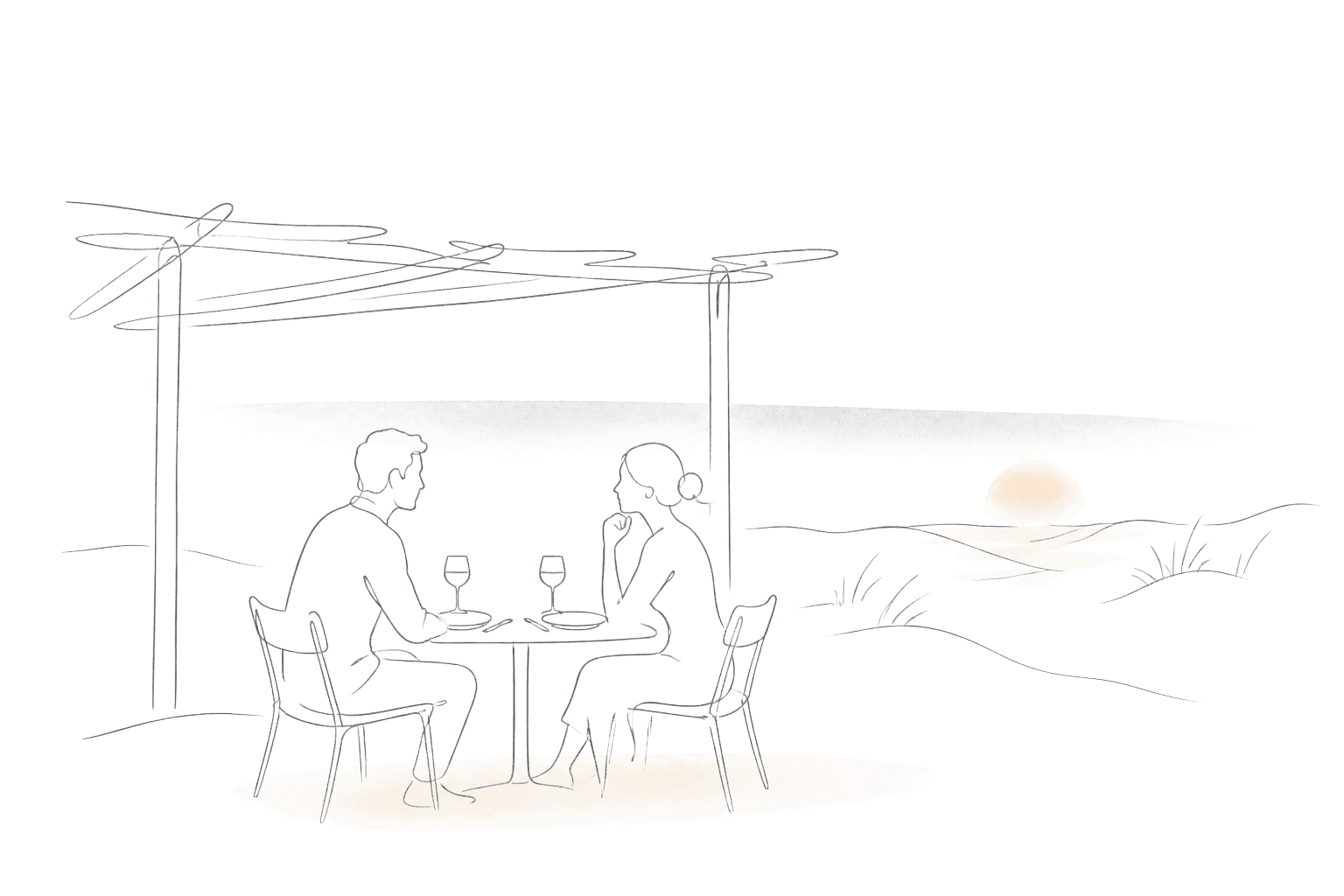 Minimalist line drawing of a couple dining at a table for two beside the Noordwijk dunes and North Sea at sunset.