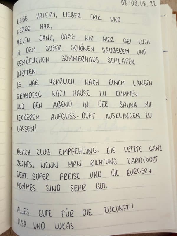 Long handwritten German guestbook note thanking the hosts for the clean summer house, the sauna after the beach and a beach-club recommendation.